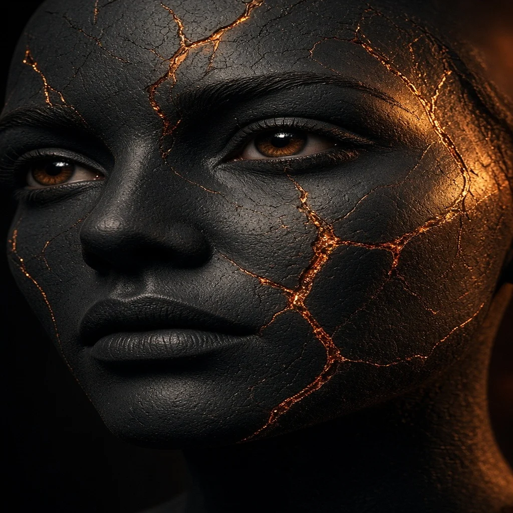 p11_r07 — Kintsugi Obsidian & Molten Amber Portrait