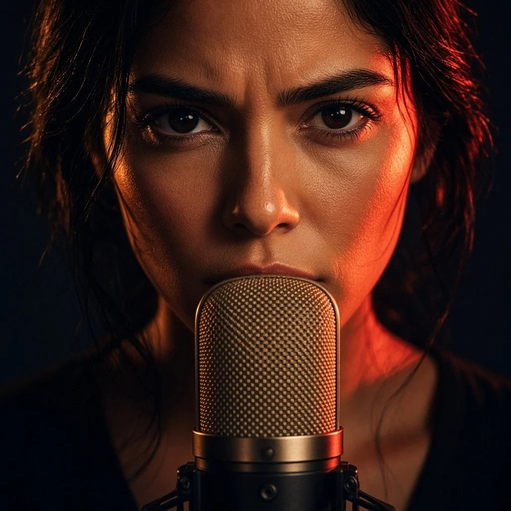 p19_r09 — Intimate Close-Up: Eyes & Brass Mic Grille